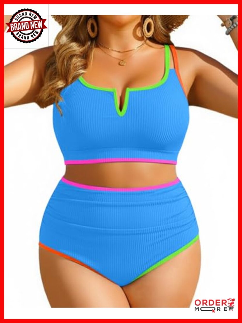 Plus Size High Waisted Bikini Set - Ribbed Tummy Control Two Piece Swimsuit